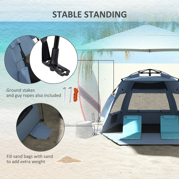 Pop Up Beach Tent for 2-3 People - UPF15+ Protection, Extended Floor, Sandbags, Ventilated Mesh Windows - Portable Sun Shelter for Family Outings
