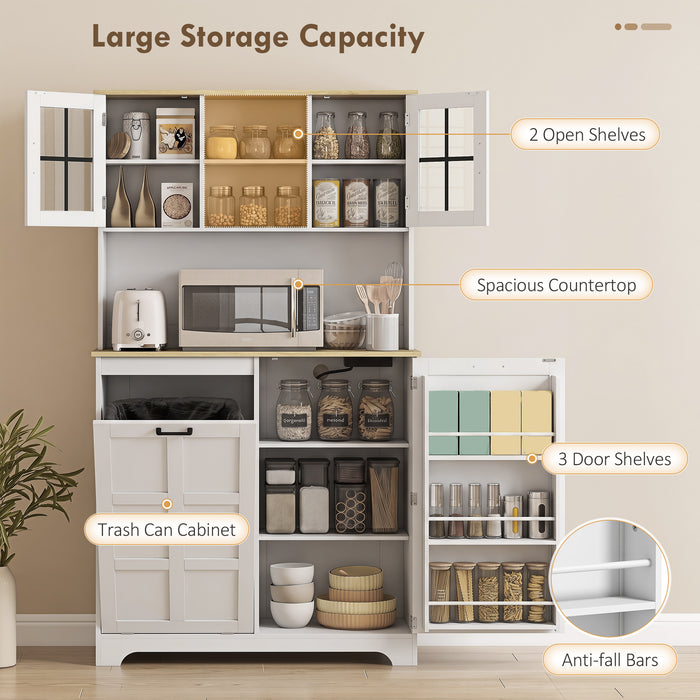 HOMCOM 175cm Tall Kitchen Cabinet, Kitchen Cupboard with Rubbish Bin Cabinet, 3 Door Shelves and 2 Acrylic Doors, White