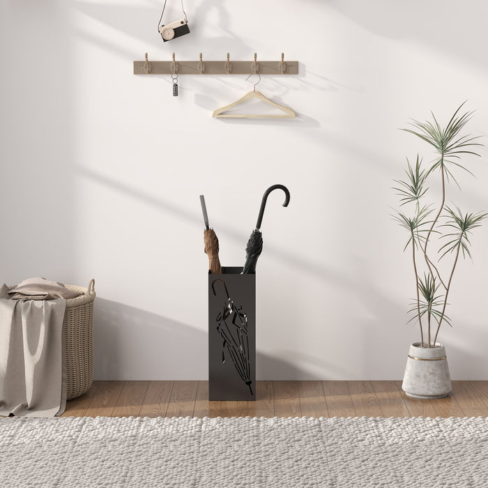 HOMCOM Metal Umbrella Stand, Square Umbrella Holder with 4 Hooks and Removable Drip Tray, Decorative Umbrella Storage Rack for Entryway, Hallway, 15.5 x 15.5 x 41 cm, Black
