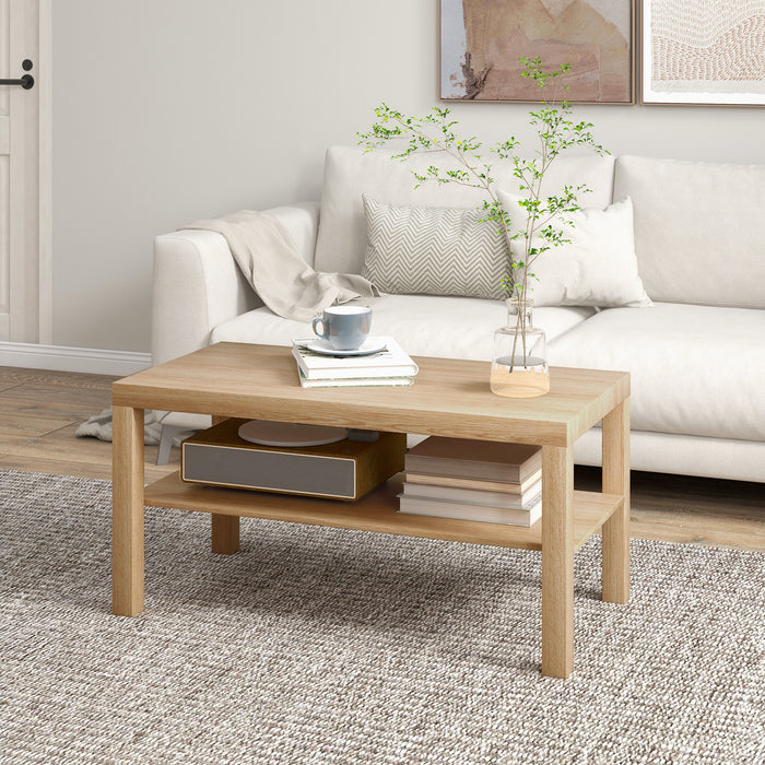 HOMCOM 2-Tier Coffee Table with Storage Shelf, Rectangular Centre Table for Living Room, Home Office, Natural Wood Finish