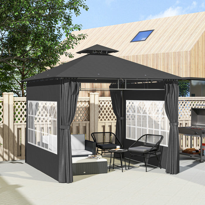 Outsunny 3 x 3 m Garden Gazebo, Double Roof Metal Gazebo with Removable Sidewalls and Church Windows, Outdoor Canopy Shelter, Dark Grey