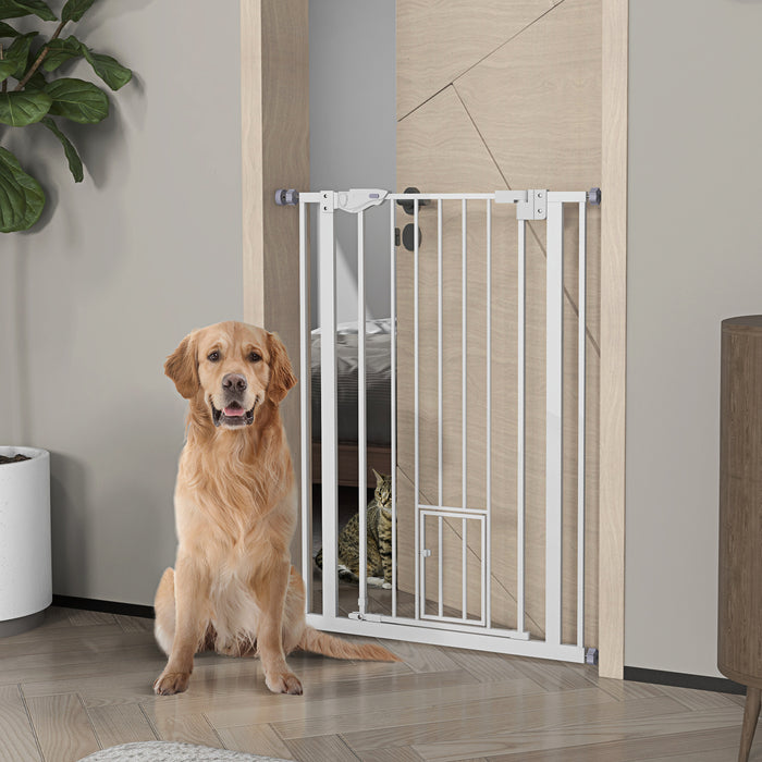 Indoor Dog Safety Barrier with Cat Door - Extra Tall Auto-Closing Pet Gate, 74-80cm Width, White - Ideal for Separating Pets and Protecting Spaces