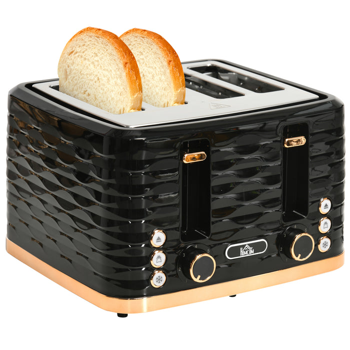 HOMCOM 4 Slice Toaster with 7 Browning Levels, High Lift, Reheat/Defrost/Cancel, Self-centring Function, Removable Crumb Tray, Auto Off, 1600W, Black Water Ripple Texture