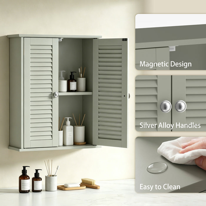 HOMCOM Bathroom Cabinet, Bathroom Wall Cabinet with Louvered Doors and Adjustable Shelf Storage for Kitchen, Light Green