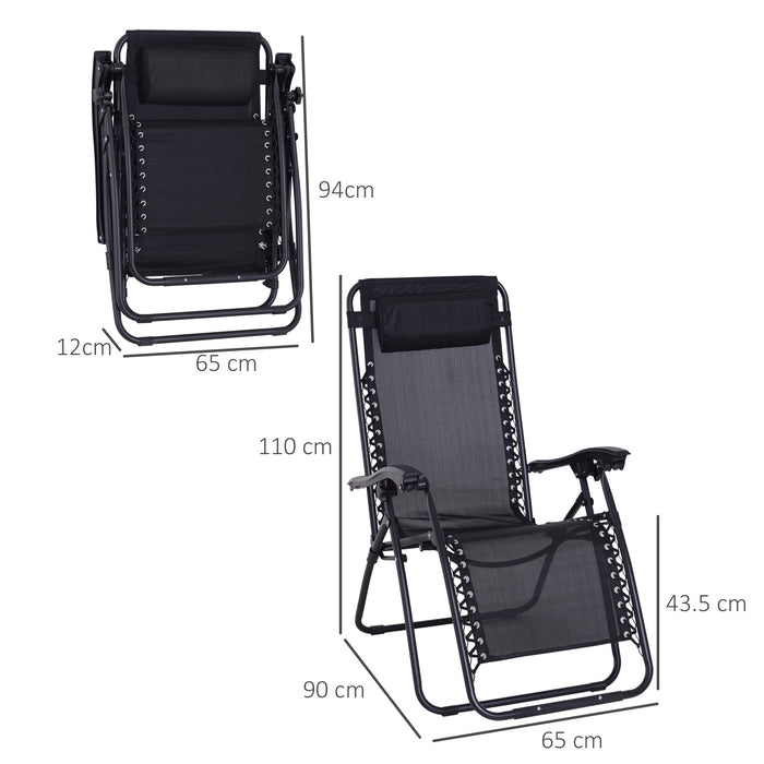 Outsunny Zero Gravity Chair Set of 2, Metal Frame Texteline Armchair Outdoor Folding and Reclining Sun Lounger with Head Pillow for Patio Decking Gardens Camping, Black