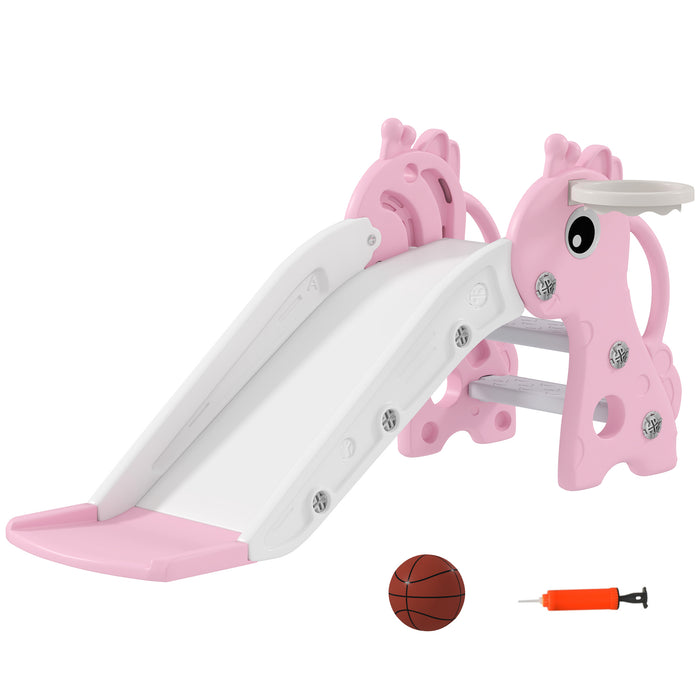 AIYAPLAY 3 in 1 Kids Slide with Climber, Basketball Hoop and Ball, Giraffe Shape Climber Slide for Indoor Kids Age 1-3, Pink