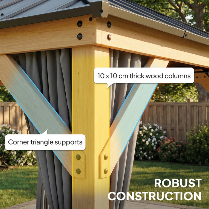 Outsunny 3 x 3 m Outdoor Hardtop Gazebo Canopy with 2-Tier Steel Roof, Wood Garden Gazebo with Curtains, Grey