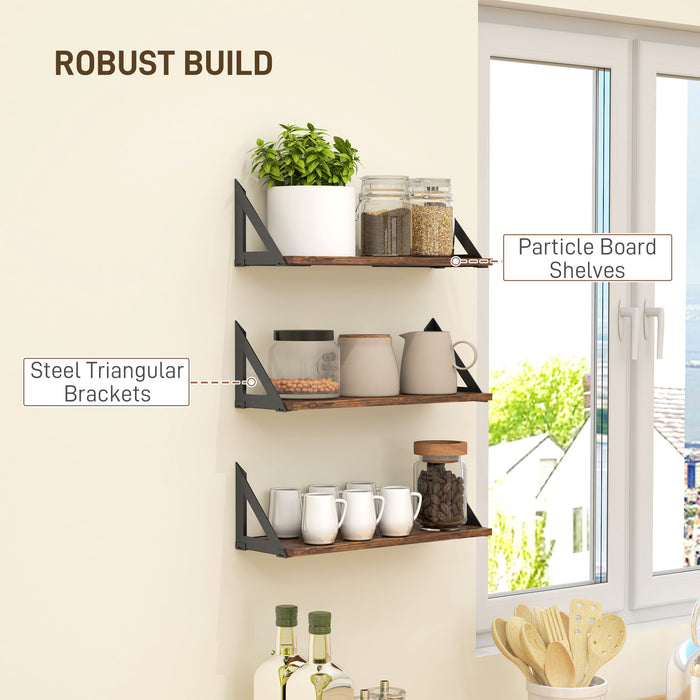 HOMCOM Set of 3 Wall Mounted Floating Shelves, Vintage Wall Shelves for Living Room, Entryway, Bedroom, Rustic Brown