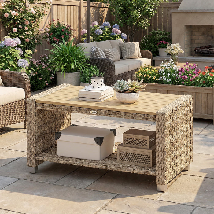 Outsunny Outdoor Coffee Table with Storage Shelf, PE Rattan Side Table with Slatted Top and Foot Pads, Light Brown
