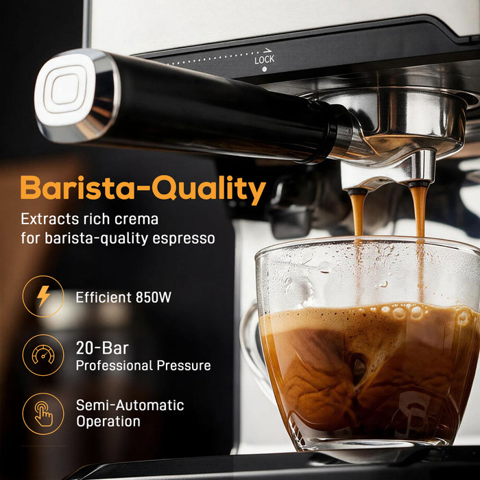 HOMCOM Espresso Machine, 20-Bar Semi Automatic Cappuccino Coffee Maker with Frother Wand, 1.6 L Water Tank, Black and Silver