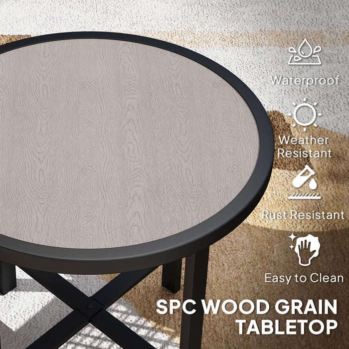 Outsunny Round Small Garden Table, 50.5cm Outdoor Side Table with SPC Tabletop, Metal Frame and Anti-slip Foot Pads for Garden, Balcony, Grey Wood Effect