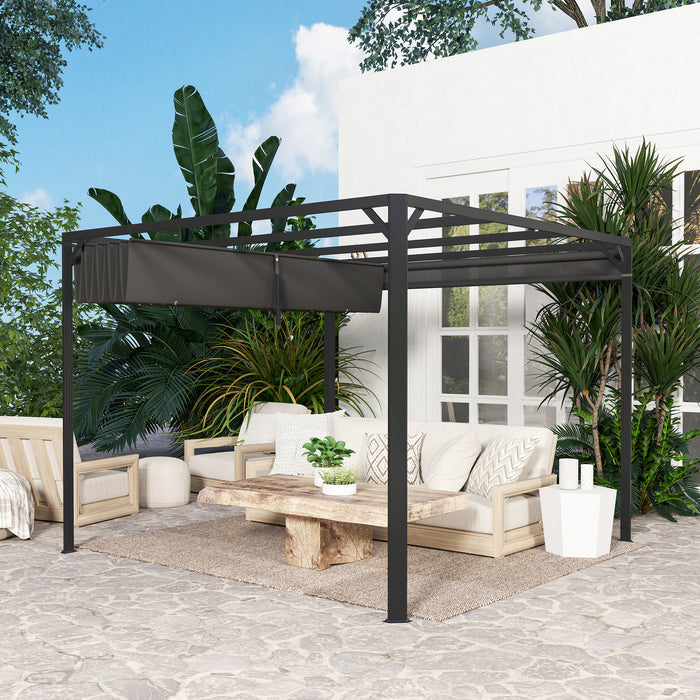Outsunny 3 x 3(m) Garden Pergola with Retractable Roof Canopy and Roller Shade, Aluminium Pergola Kit Gazebo, UPF30+ Sun Shade Shelter for Deck, Porch, Dark Grey