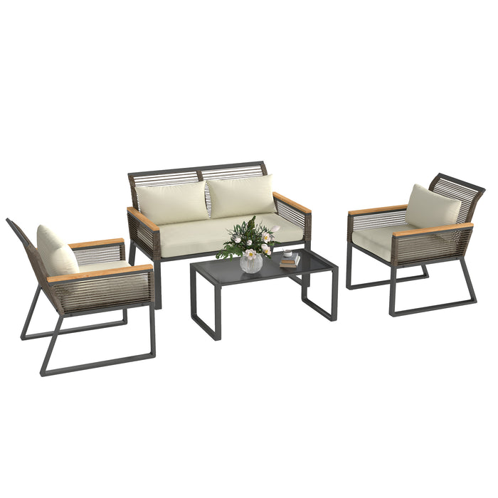 Outsunny Four Piece Wicker Rope Garden Furniture Set with Glass Top Coffee Table - Grey
