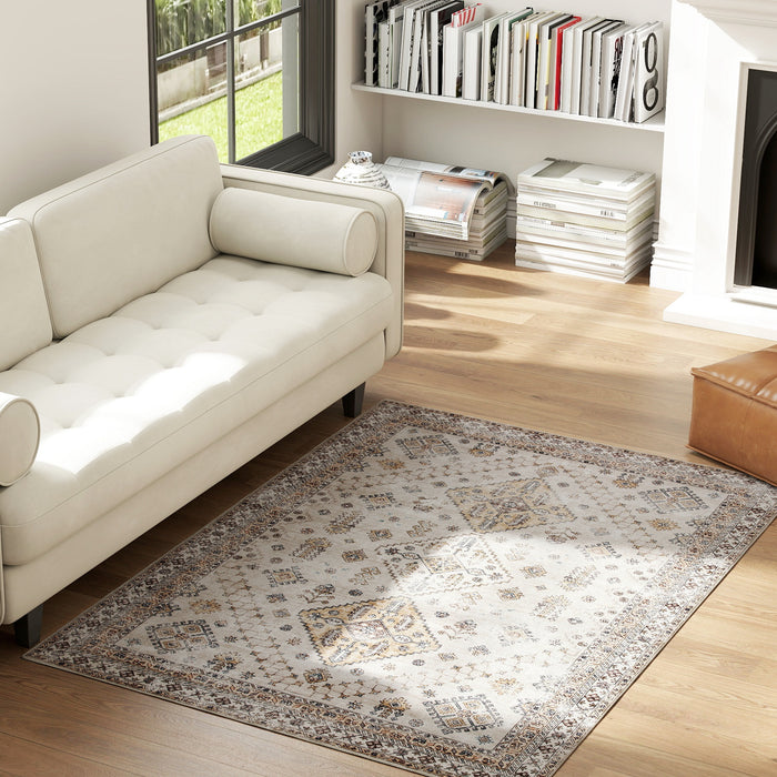HOMCOM Vintage Area Rug, Non-Slip Washable Rug, Flannel Floor Carpet for Living Room, Bedroom, Dining Room, Home Office, 170 x 120 cm, Beige