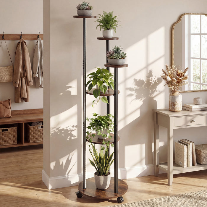 Indoor Plant Stand 6-Tier Corner Shelf with Locking Wheels-Rustic Brown