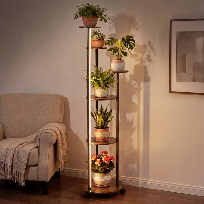 Indoor Plant Stand 6-Tier Corner Shelf with Locking Wheels-Rustic Brown