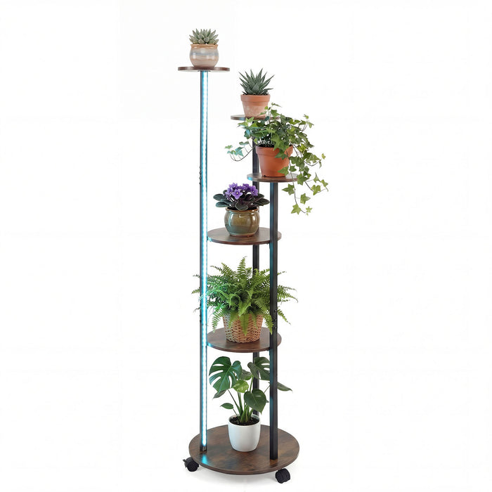 Indoor Plant Stand 6-Tier Corner Shelf with Locking Wheels-Rustic Brown