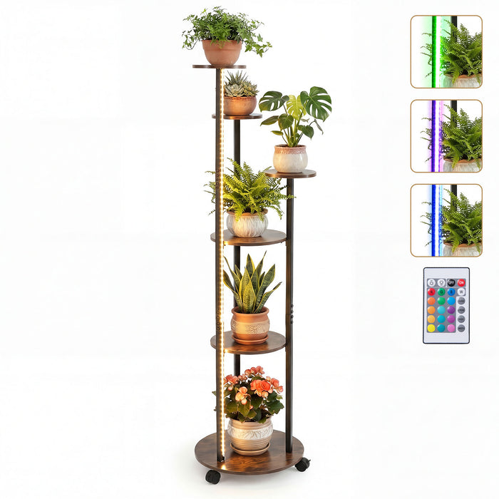 Indoor Plant Stand 6-Tier Corner Shelf with Locking Wheels-Rustic Brown