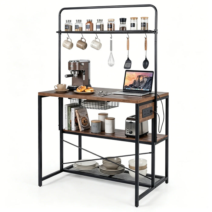 Industrial Bakers Rack Storage Island with Pull-out Basket and 6 Hooks for Home-Black
