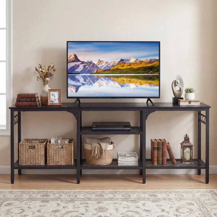 Industrial Entertainment TV Stand for 65" TVs  with Metal Mesh Shelves and 4 Hanging Hooks-Rustic Brown