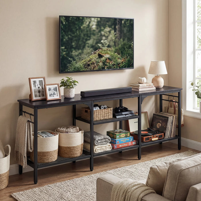 Industrial Entertainment TV Stand for 65" TVs  with Metal Mesh Shelves and 4 Hanging Hooks-Rustic Brown