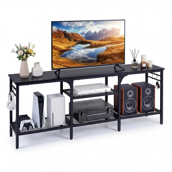 Industrial Entertainment TV Stand for 65" TVs  with Metal Mesh Shelves and 4 Hanging Hooks-Rustic Brown
