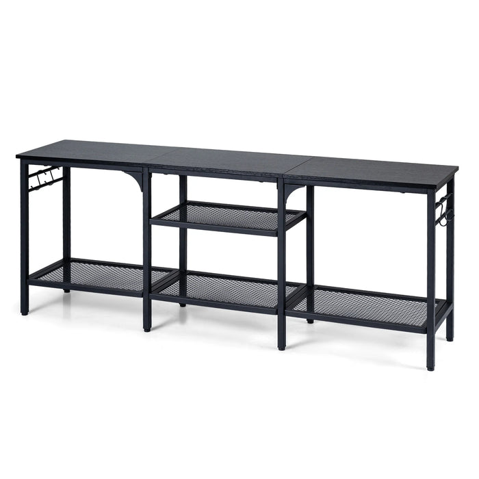 Industrial Entertainment TV Stand for 65" TVs  with Metal Mesh Shelves and 4 Hanging Hooks-Rustic Brown