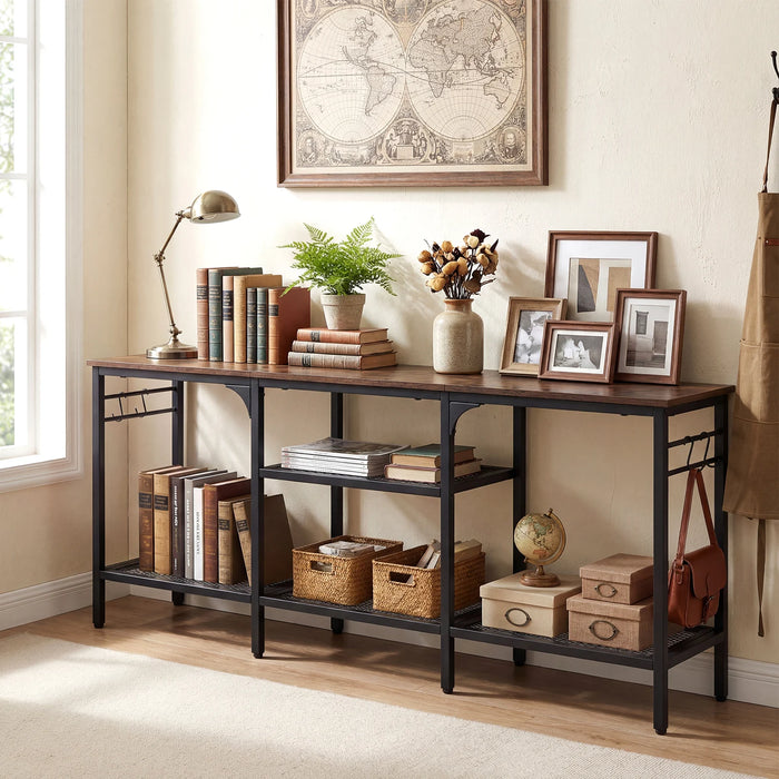 Industrial Entertainment TV Stand for 65" TVs  with Metal Mesh Shelves and 4 Hanging Hooks-Rustic Brown