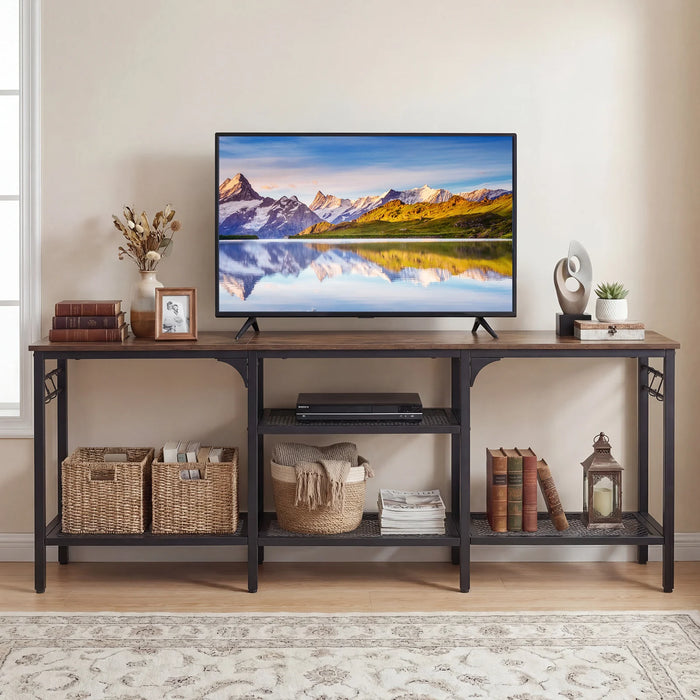Industrial Entertainment TV Stand for 65" TVs  with Metal Mesh Shelves and 4 Hanging Hooks-Rustic Brown