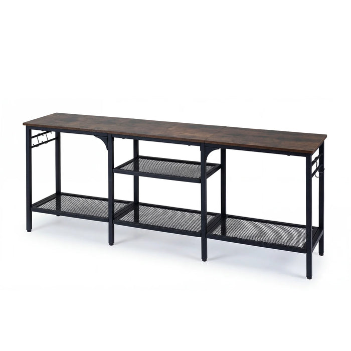 Industrial Entertainment TV Stand for 65" TVs  with Metal Mesh Shelves and 4 Hanging Hooks-Rustic Brown