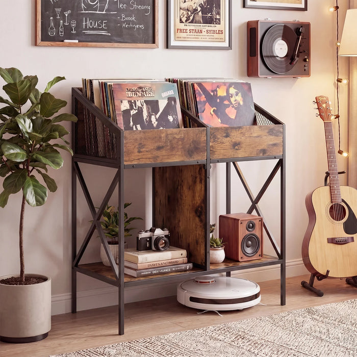 Industrial Magazine Books Record Holder with Metal Frame and Anti-tip Kits Holds up to 250 Albums-Rustic Brown