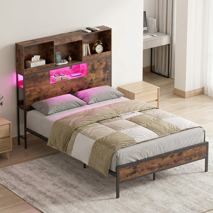 Industrial Metal Platform Bed with LED Lights and Power Outlet-King