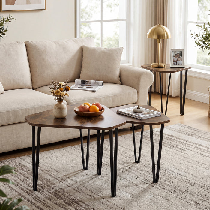 Industrial Nesting Coffee Table Set of 3 with Thick Tabletop and Metal Frame, for Small Spaces-Rustic Brown