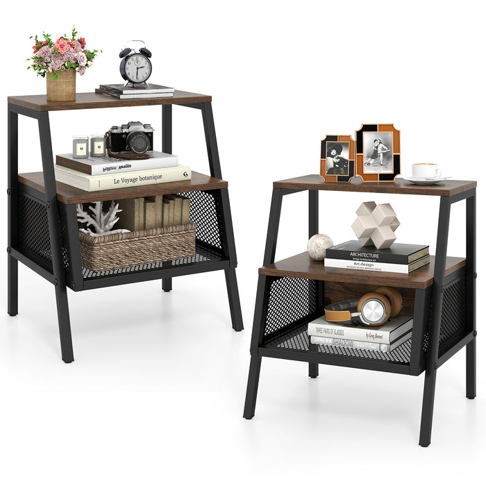Industrial Nightstand Set of 2 with 2 Open Shelves & Mesh Compartment for Small Spaces-