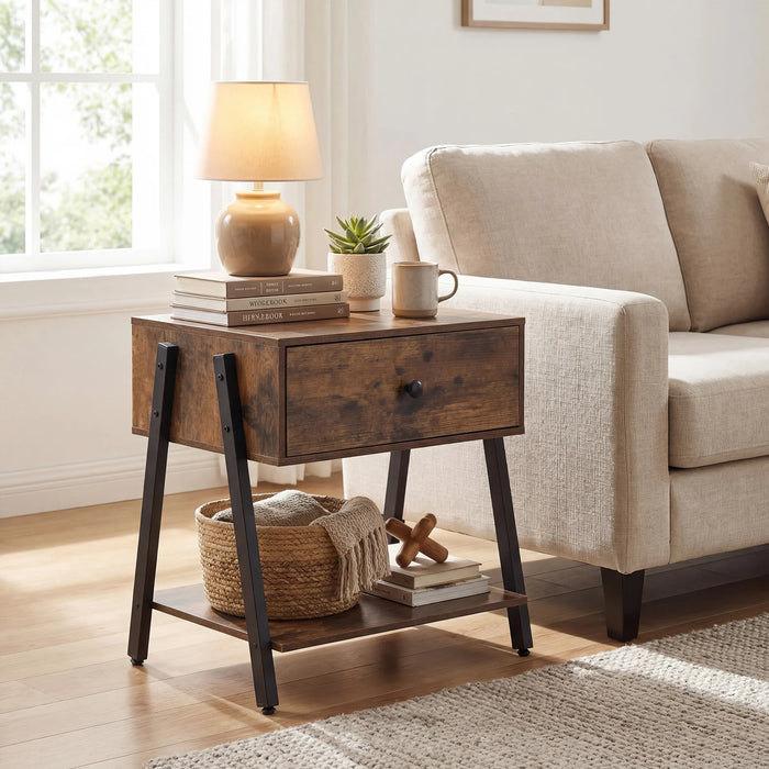 Industrial Nightstand Set of 2 with Drawer and Storage Shelf-