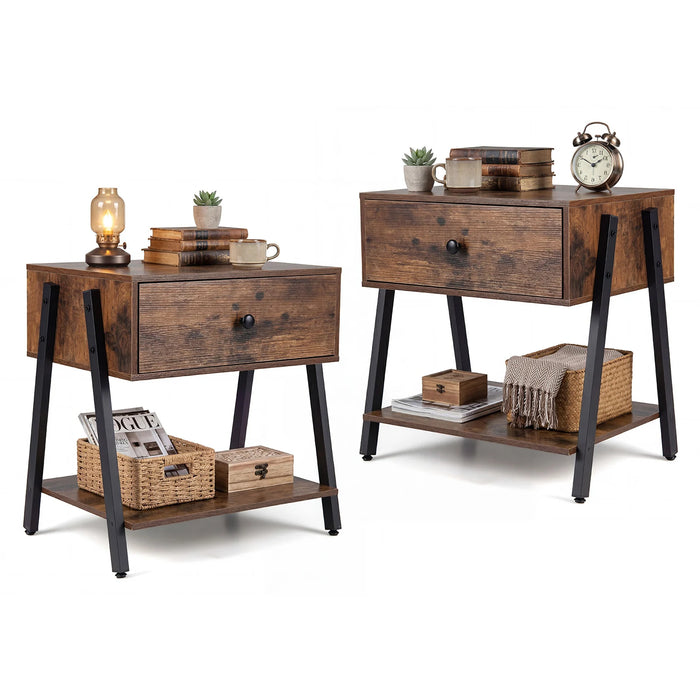 Industrial Nightstand Set of 2 with Drawer and Storage Shelf-
