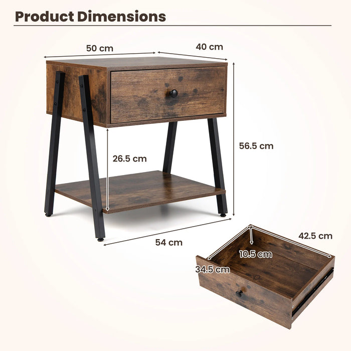 Industrial Nightstand Set of 2 with Drawer and Storage Shelf-