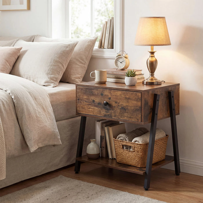 Industrial Nightstand with Drawer and Open Shelf & Adjustable Foot Pads-