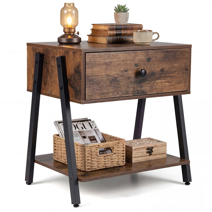 Industrial Nightstand with Drawer and Open Shelf & Adjustable Foot Pads-