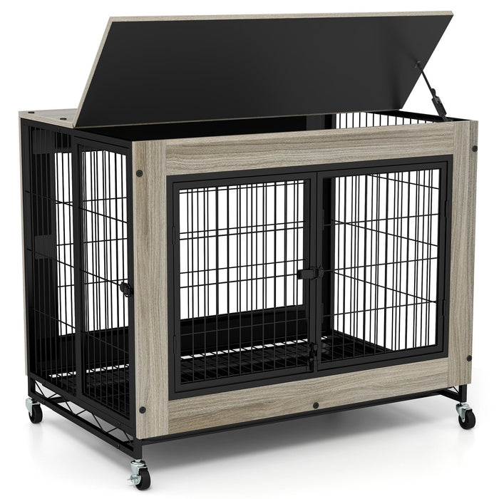 Industrial Dog Kennel with Flip-up Top and 3 Lockable Doors-Rustic Brown