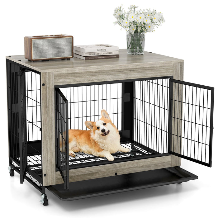 Industrial Dog Kennel with Flip-up Top and 3 Lockable Doors-Rustic Brown