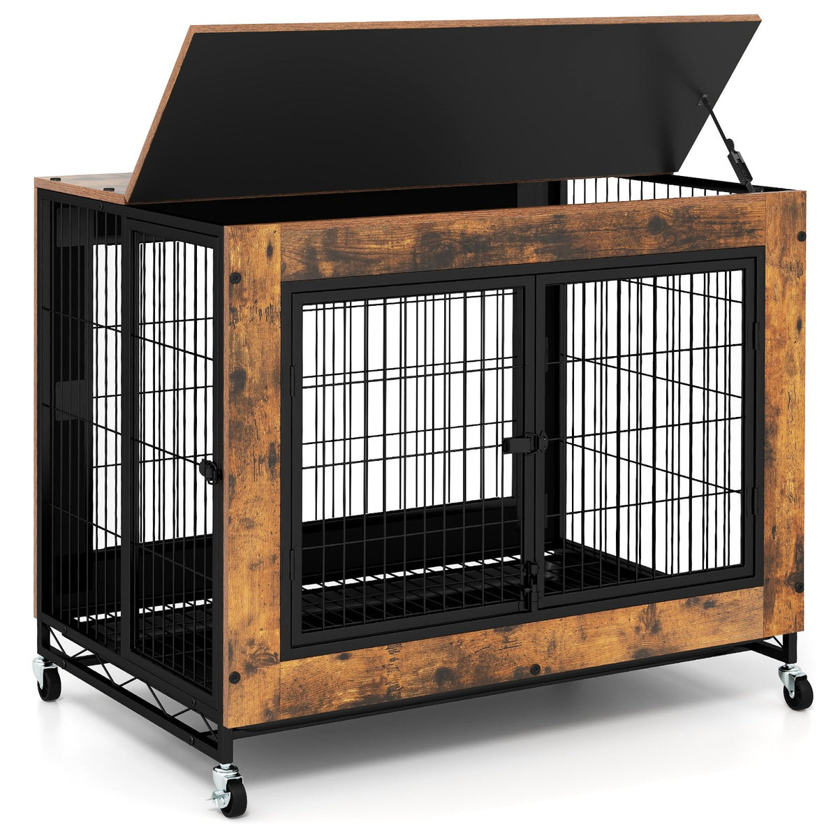 Industrial Dog Kennel with Flip-up Top and 3 Lockable Doors-Rustic Brown