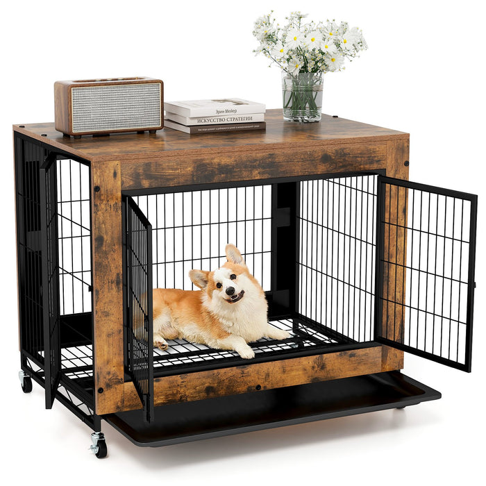 Industrial Dog Kennel with Flip-up Top and 3 Lockable Doors-Rustic Brown