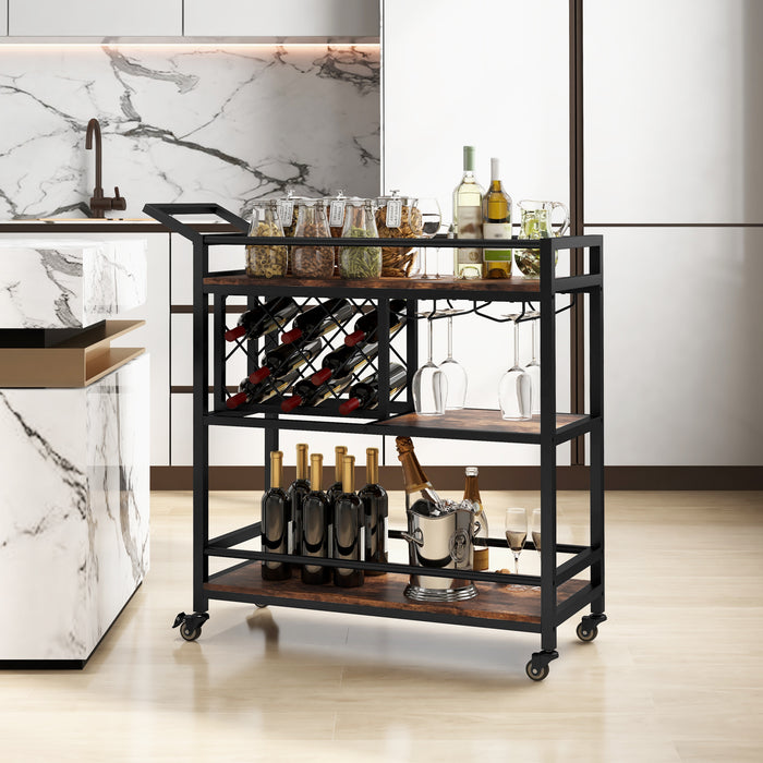 3-Tier Serving Cart - Bar Cart with Wine Racks and Glass Holders, Walnut Finish - Ideal for Entertaining and Storage