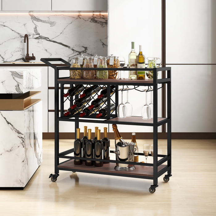 3-Tier Serving Cart - Bar Cart with Wine Racks and Glass Holders, Walnut Finish - Ideal for Entertaining and Storage
