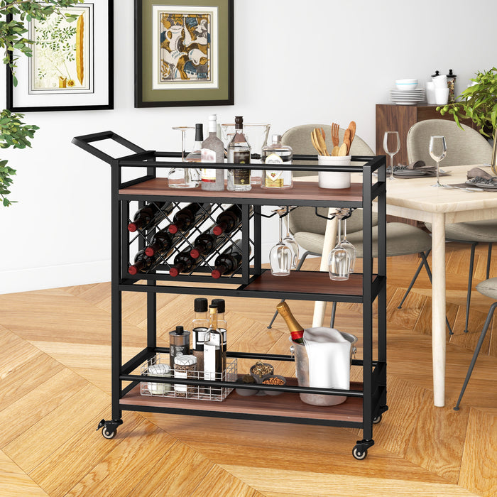 3-Tier Serving Cart - Bar Cart with Wine Racks and Glass Holders, Walnut Finish - Ideal for Entertaining and Storage