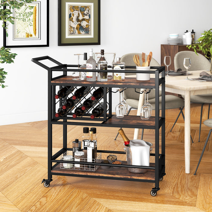 3-Tier Serving Cart - Bar Cart with Wine Racks and Glass Holders, Walnut Finish - Ideal for Entertaining and Storage