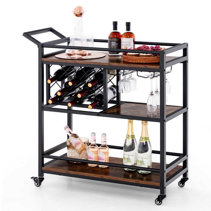 3-Tier Serving Cart - Bar Cart with Wine Racks and Glass Holders, Walnut Finish - Ideal for Entertaining and Storage