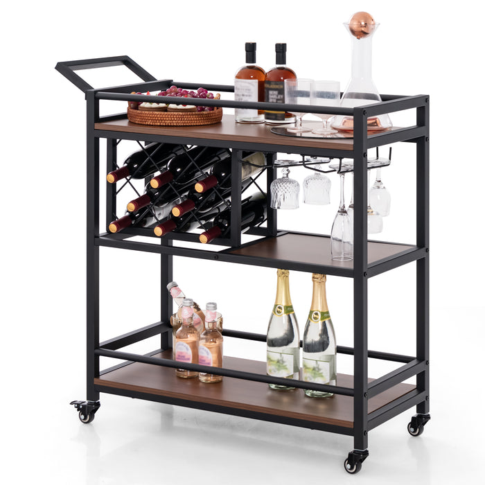3-Tier Serving Cart - Bar Cart with Wine Racks and Glass Holders, Walnut Finish - Ideal for Entertaining and Storage