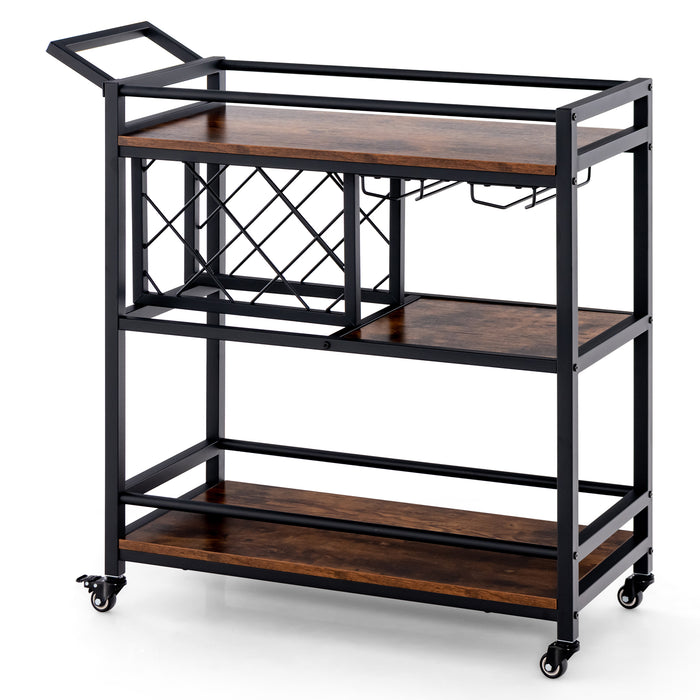 3-Tier Serving Cart - Bar Cart with Wine Racks and Glass Holders, Walnut Finish - Ideal for Entertaining and Storage